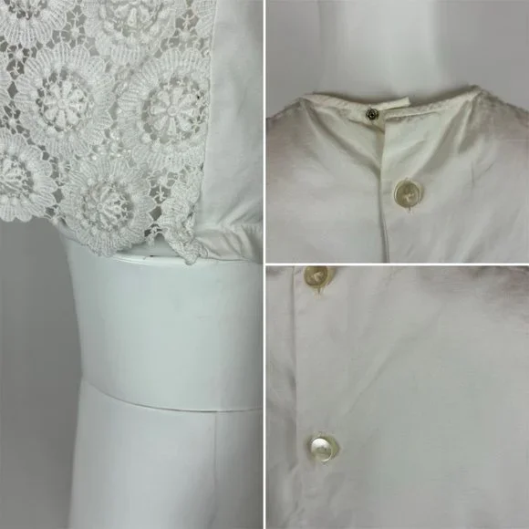 Vintage 50s Lace Blouse Women's Medium White Bow Neck Button Back Sleeveless